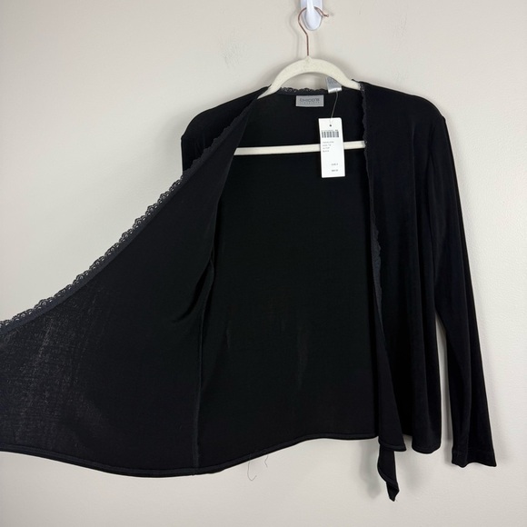 Chico's Cardigan Womens Small Tie Front Lace Trim Long Sleeve Black Top Stretch - Picture 5 of 9